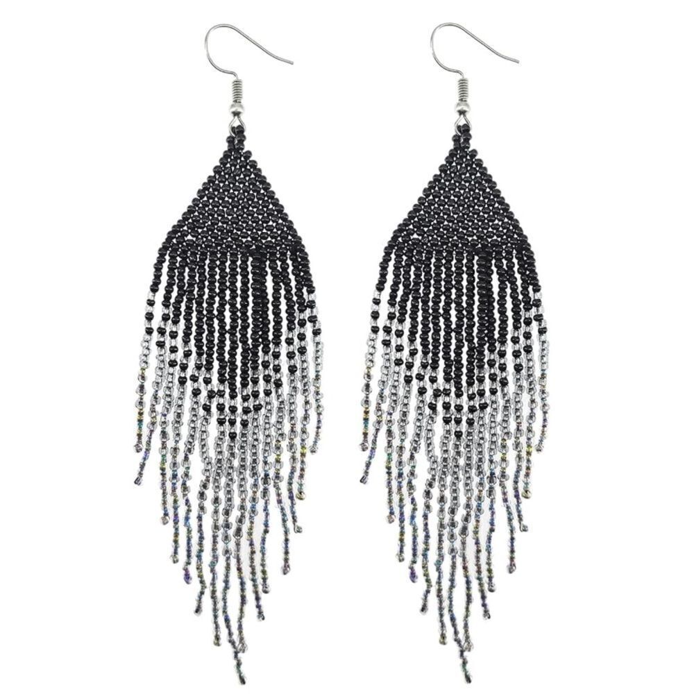Black Bohemian Seed Bead Tassel Dangling Statement French Wire Hook Earrings